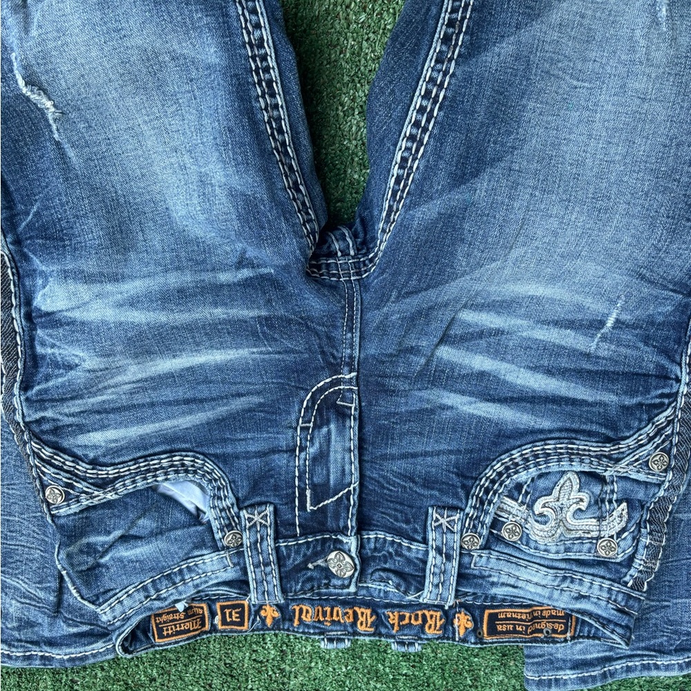 Rock Revival Distressed Blue Jeans with Embroidery